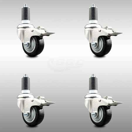 Service Caster 3.5 Inch 316SS Black Poly Swivel 1-1/4 Inch Expanding Stem Caster Set Lock Brake SCC-SS316TTLEX20S3514-PPUB-BLK-114-4